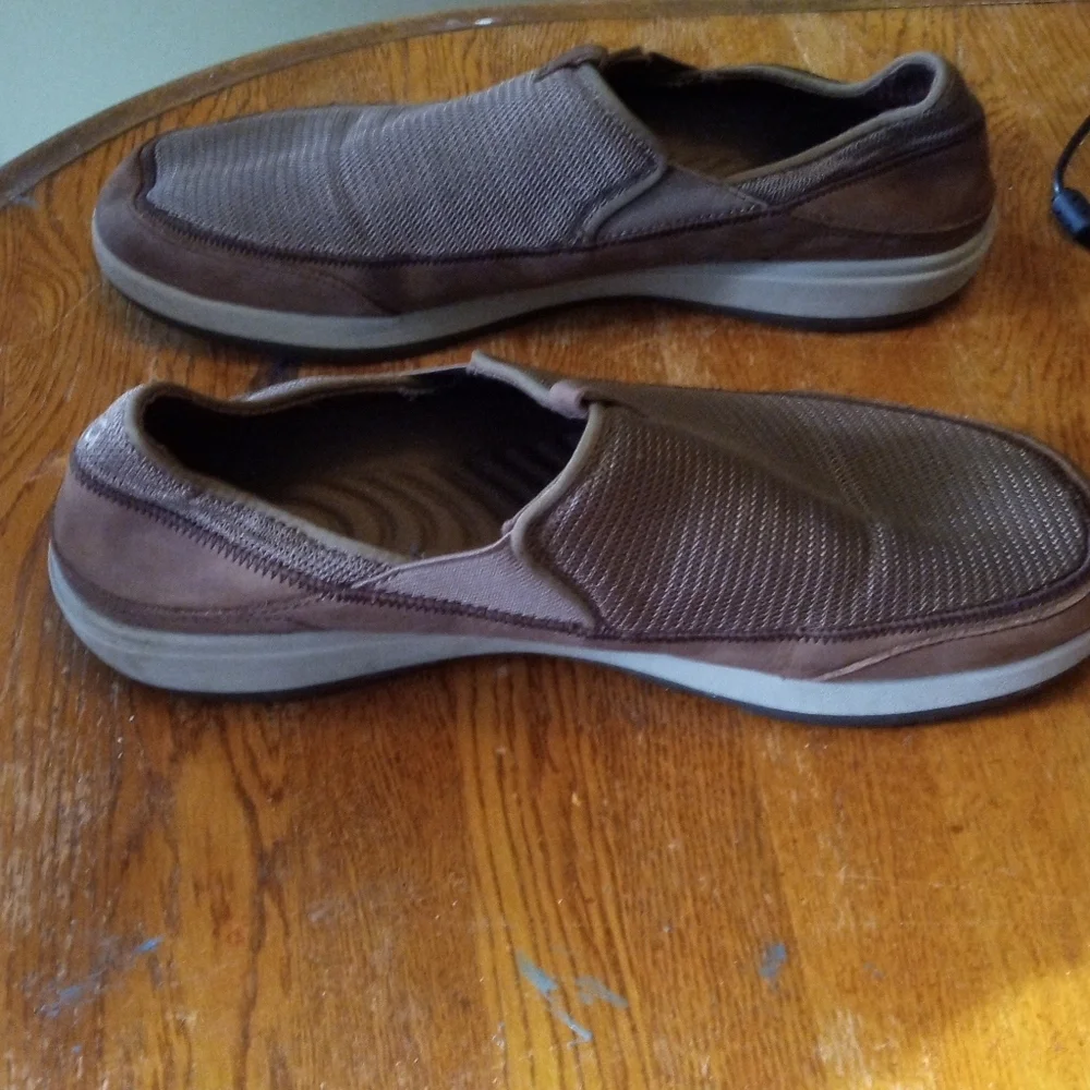 OluKai Brown and Tan Slip-On Loafers
